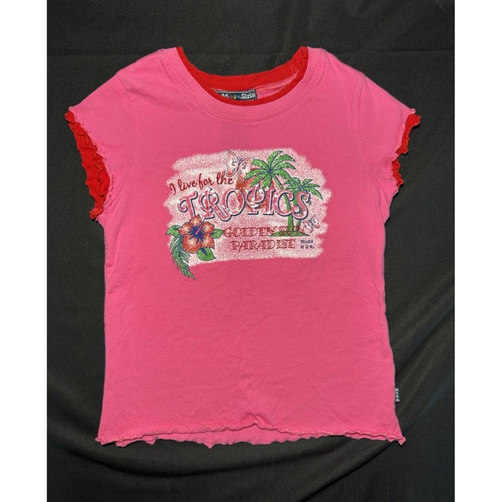Y2K Vintage Mudd Layered Baby Tee Pink Tropics Palm Tree Butterfly Juniors Large